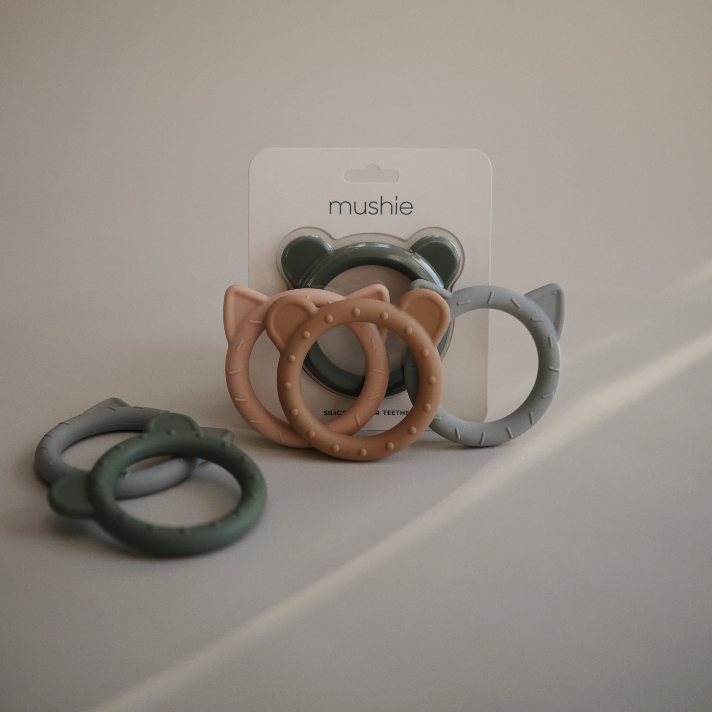 mushie silicone baby teether cat stone close-up demonstrates durable, chew-safe materials