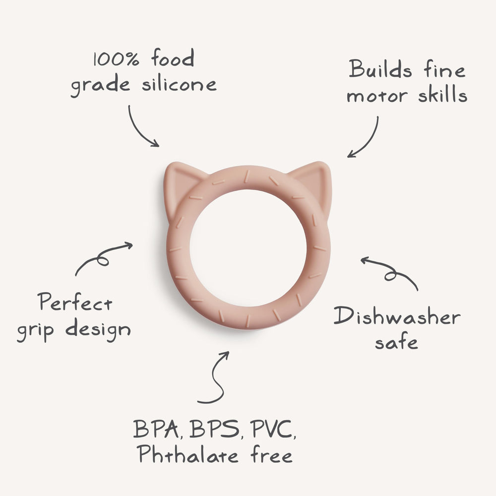 mushie cat stone teether safe materials emphasizes non-toxic silicone for babies