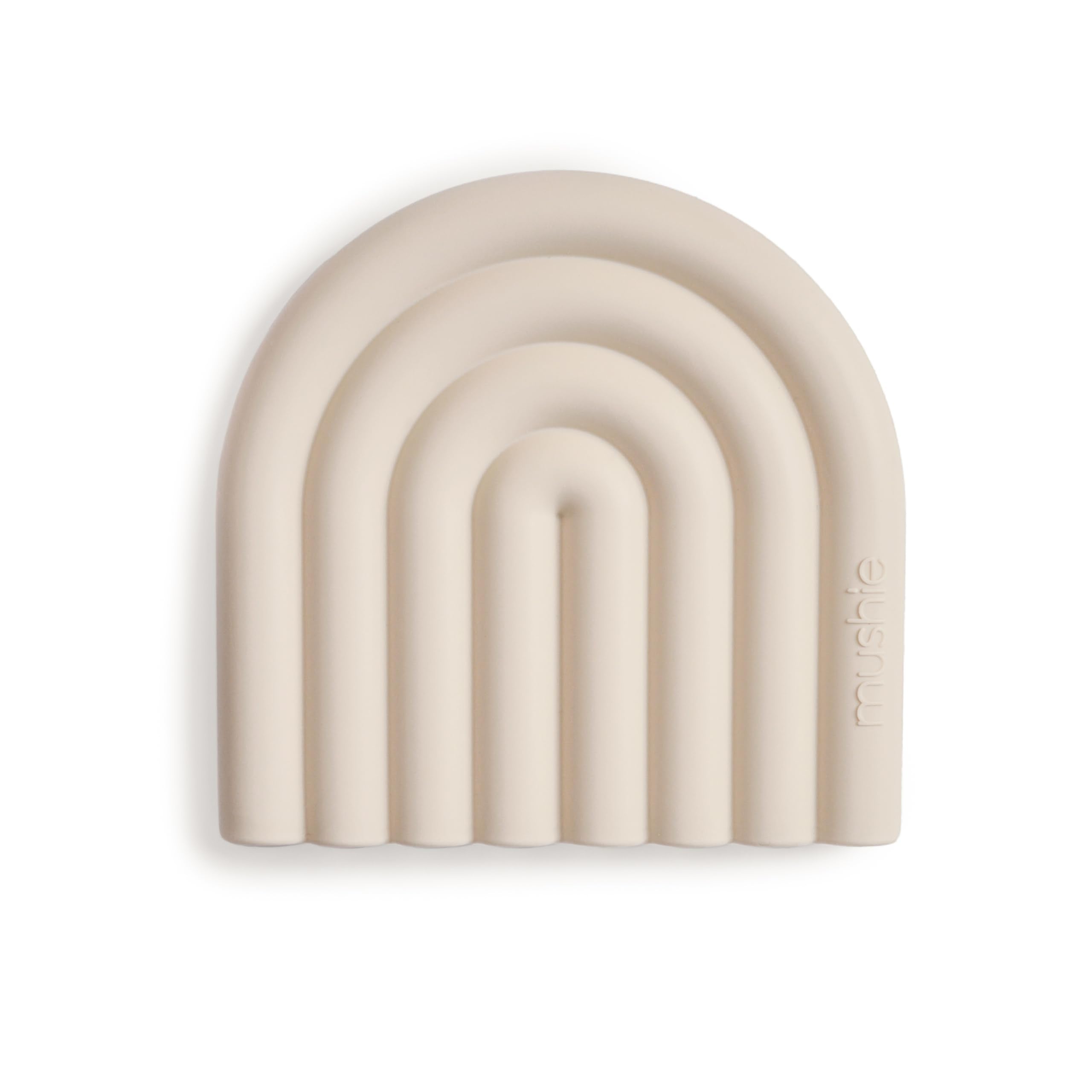 Mushie silicone baby teether rainbow shifting sand closeup soothing gums