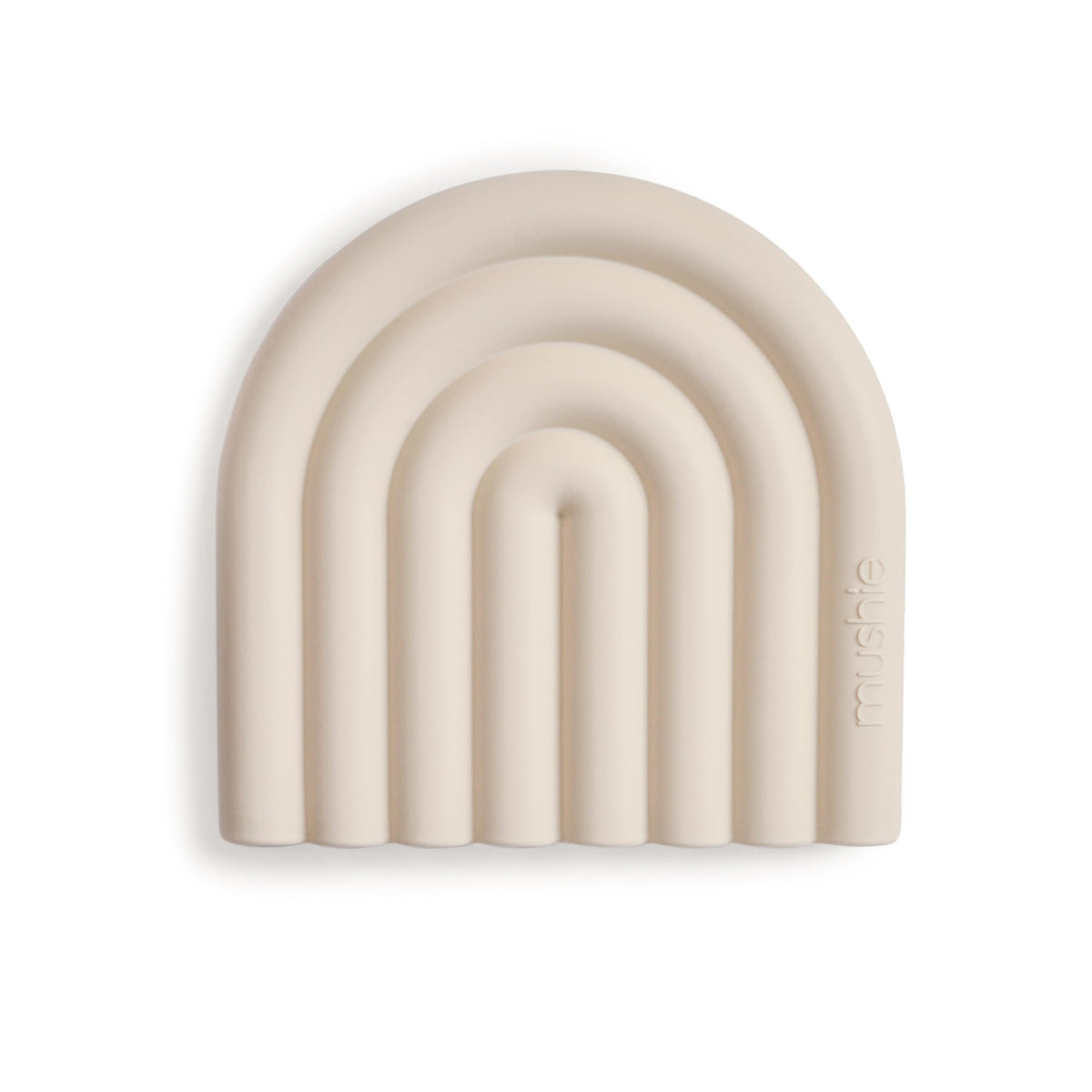 Mushie silicone baby teether rainbow shifting sand closeup soothing gums