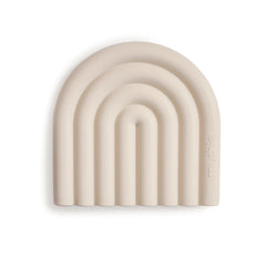 Mushie silicone baby teether rainbow shifting sand closeup soothing gums
