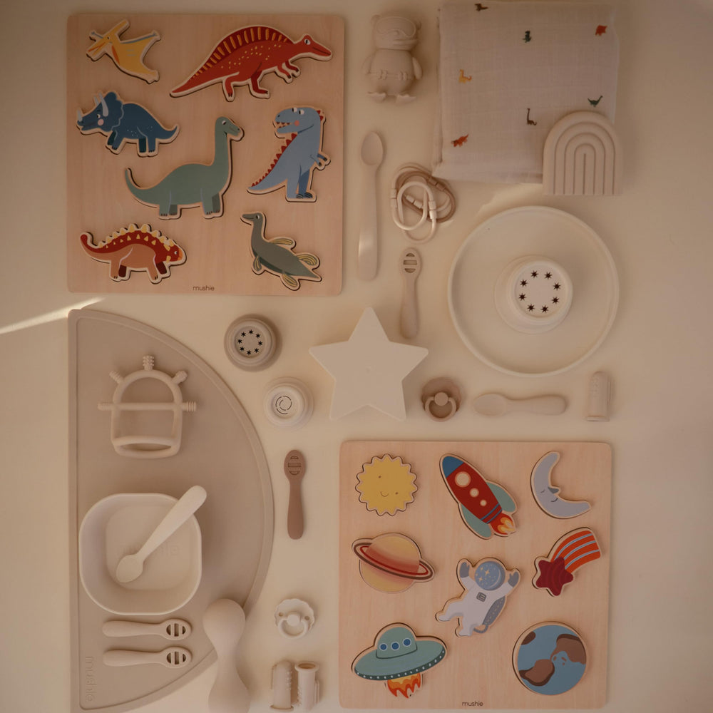 Mushie silicone teether easy to clean after meals