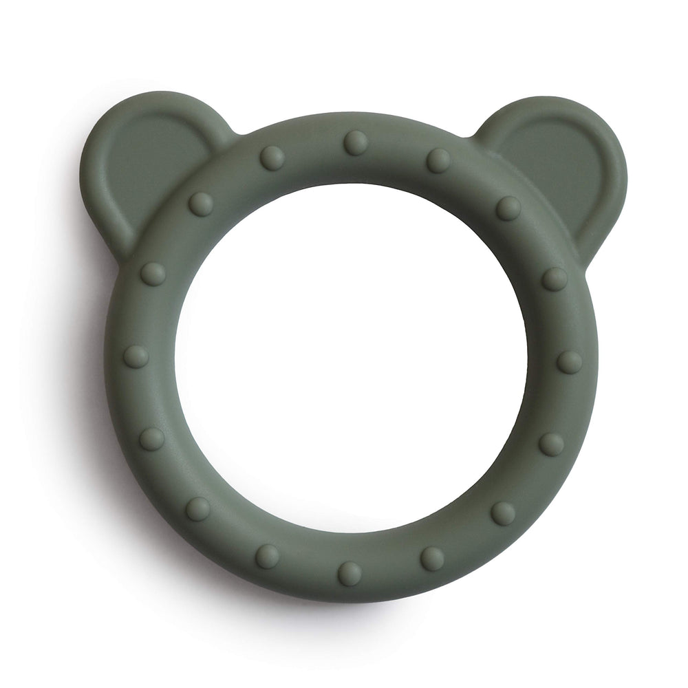Mushie silicone baby teether bear Dried Thyme close-up showing soft chew textures