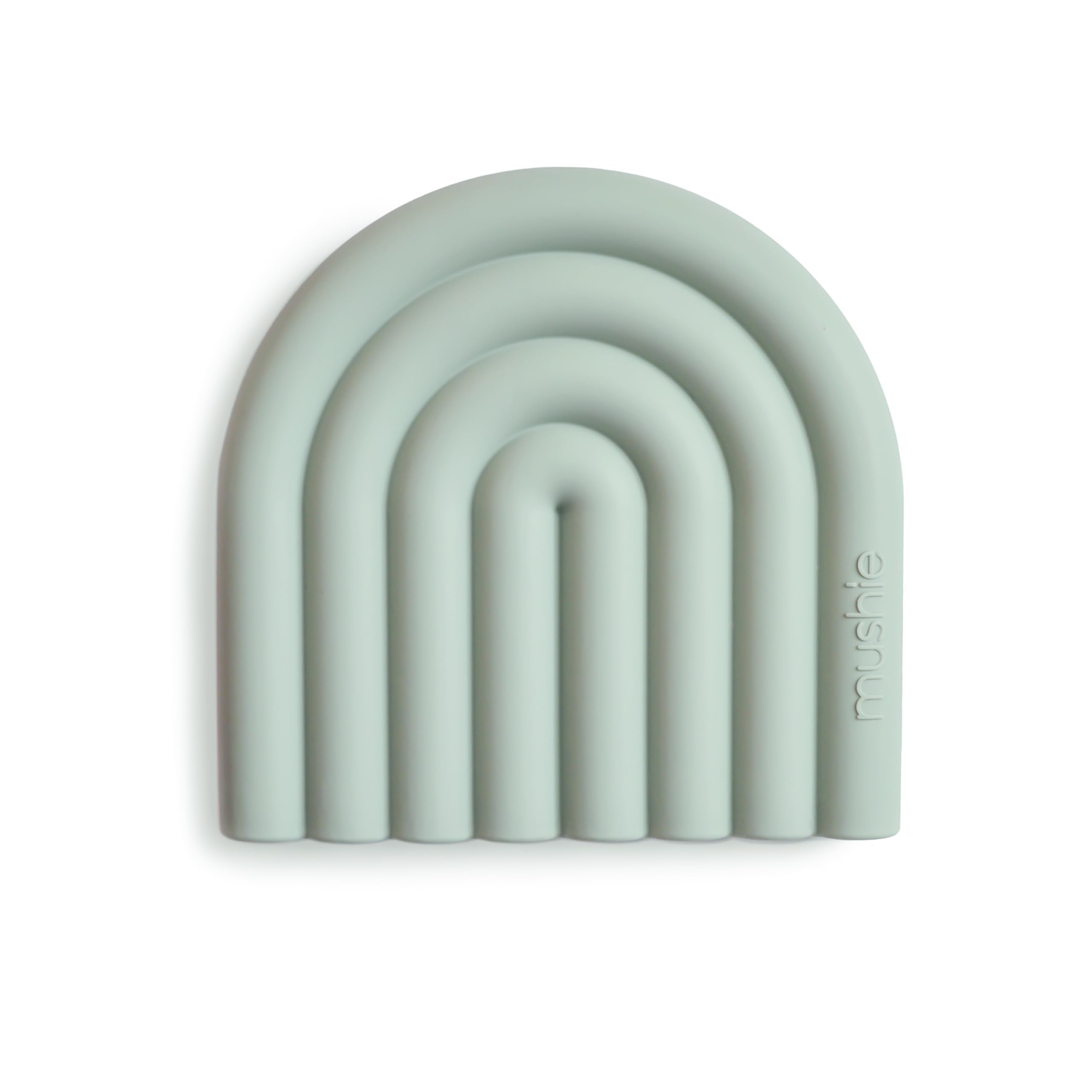 Mushie silicone baby teether toy Rainbow Cambridge Blue close-up soothing gums