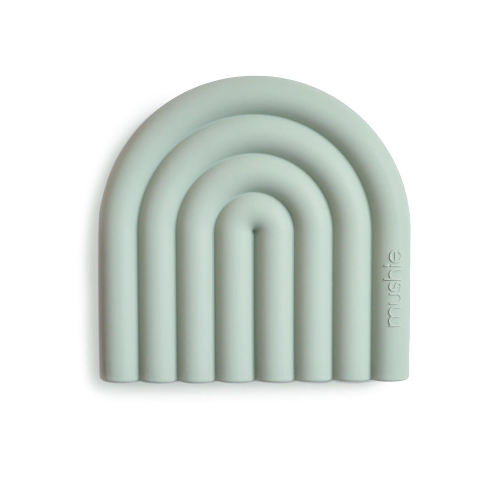 Mushie silicone baby teether toy Rainbow Cambridge Blue close-up soothing gums