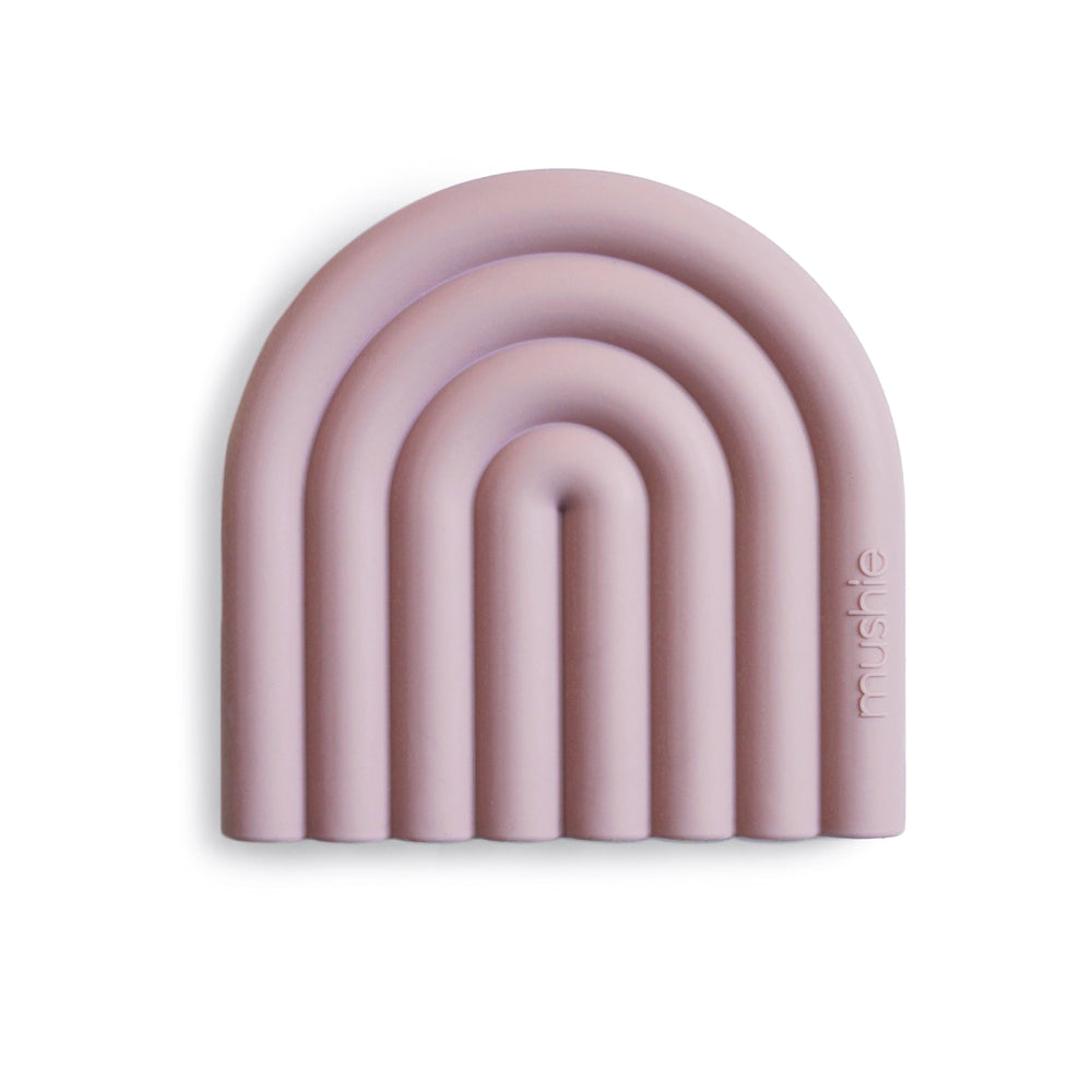 Mushie silicone baby teether toy rainbow mauve closeup — soothing gums