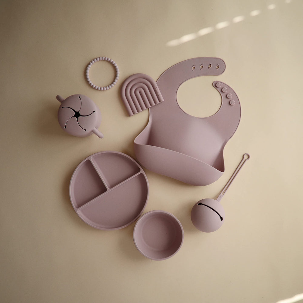 Mushie silicone teether rainbow mauve packaging — gift-ready, high-quality silicone