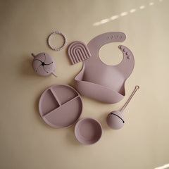 Mushie silicone teether rainbow mauve packaging — gift-ready, high-quality silicone