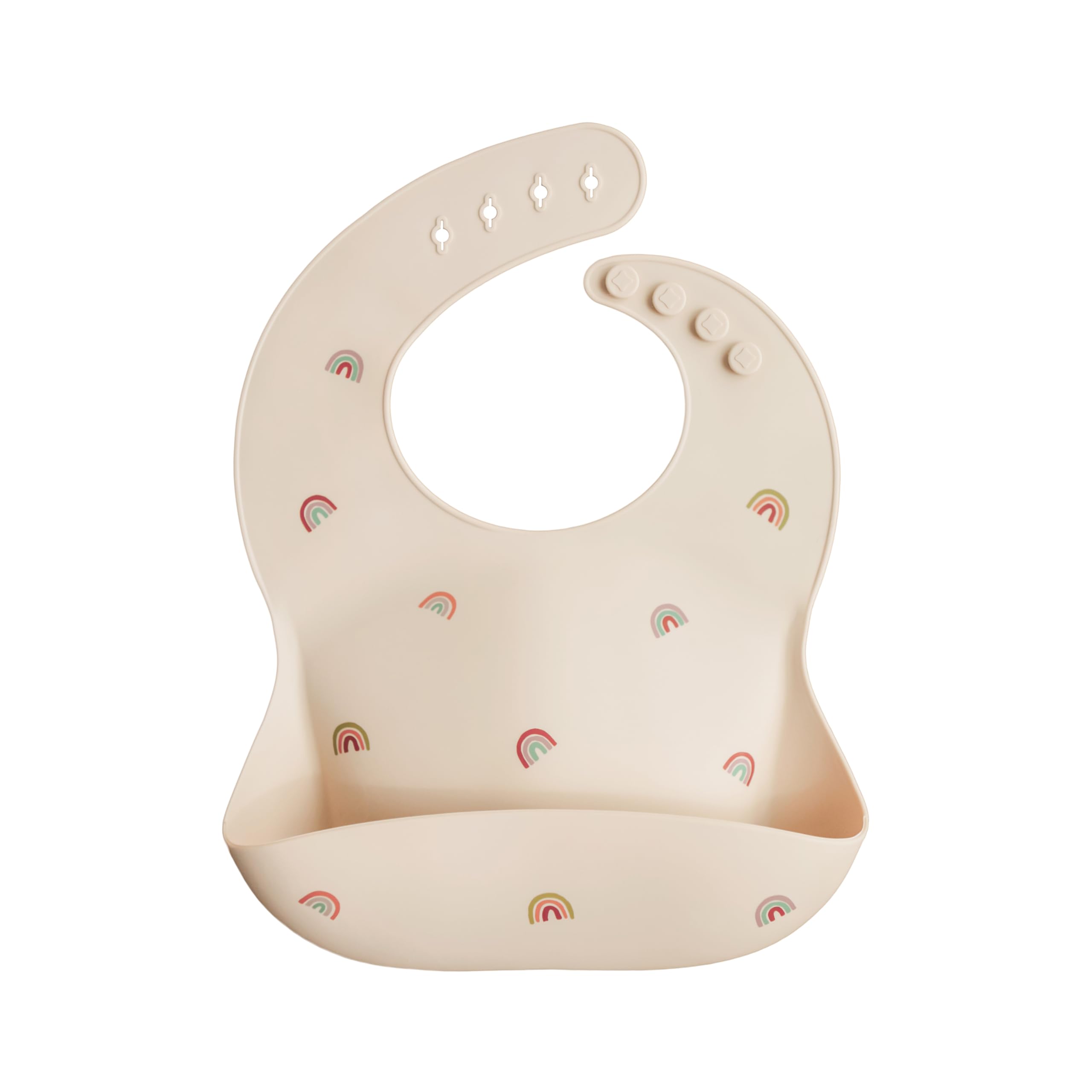 Mushie silicone bib front view with rainbow design and deep pocket for mess control