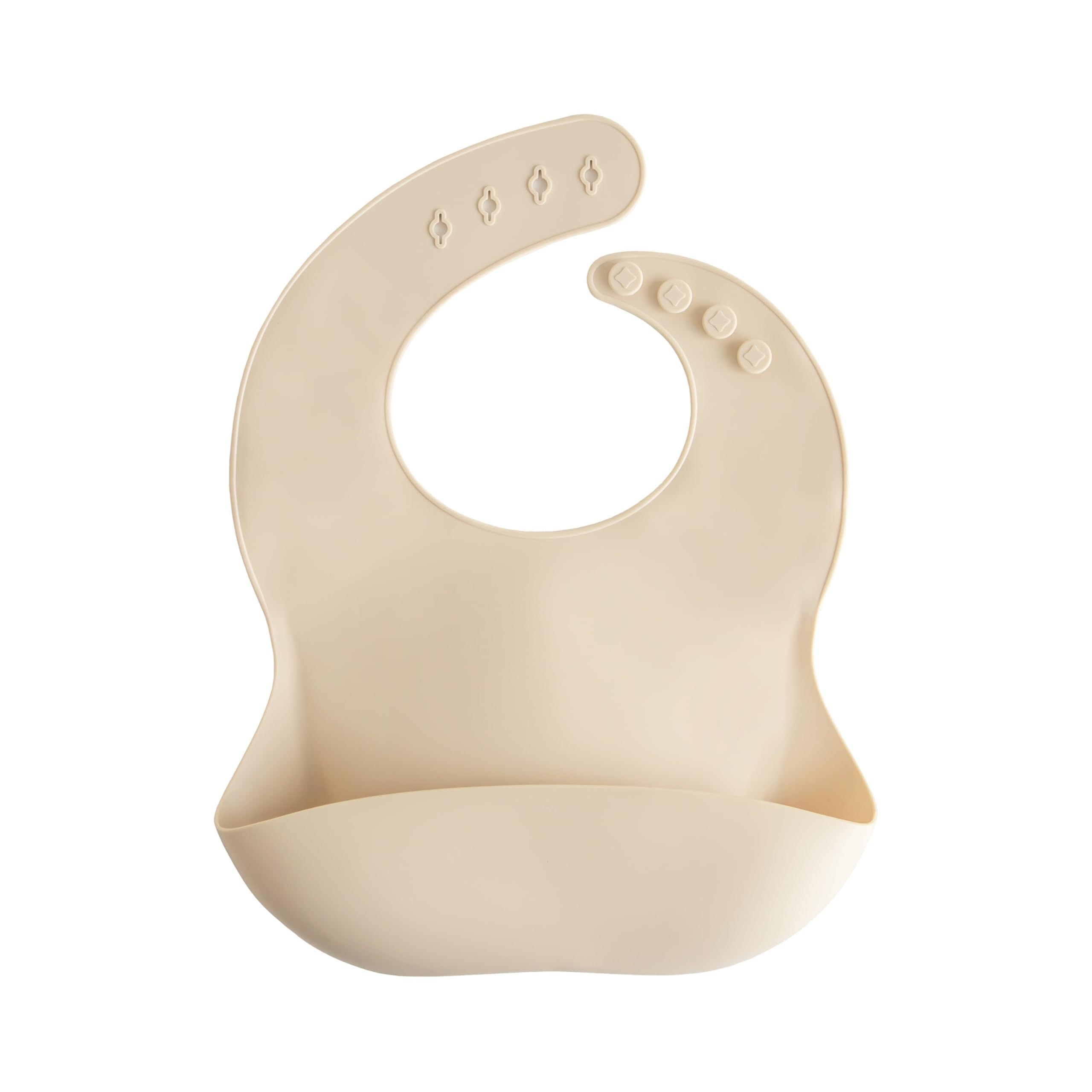 Mushie silicone bib with front pocket designed to catch crumbs during meals
