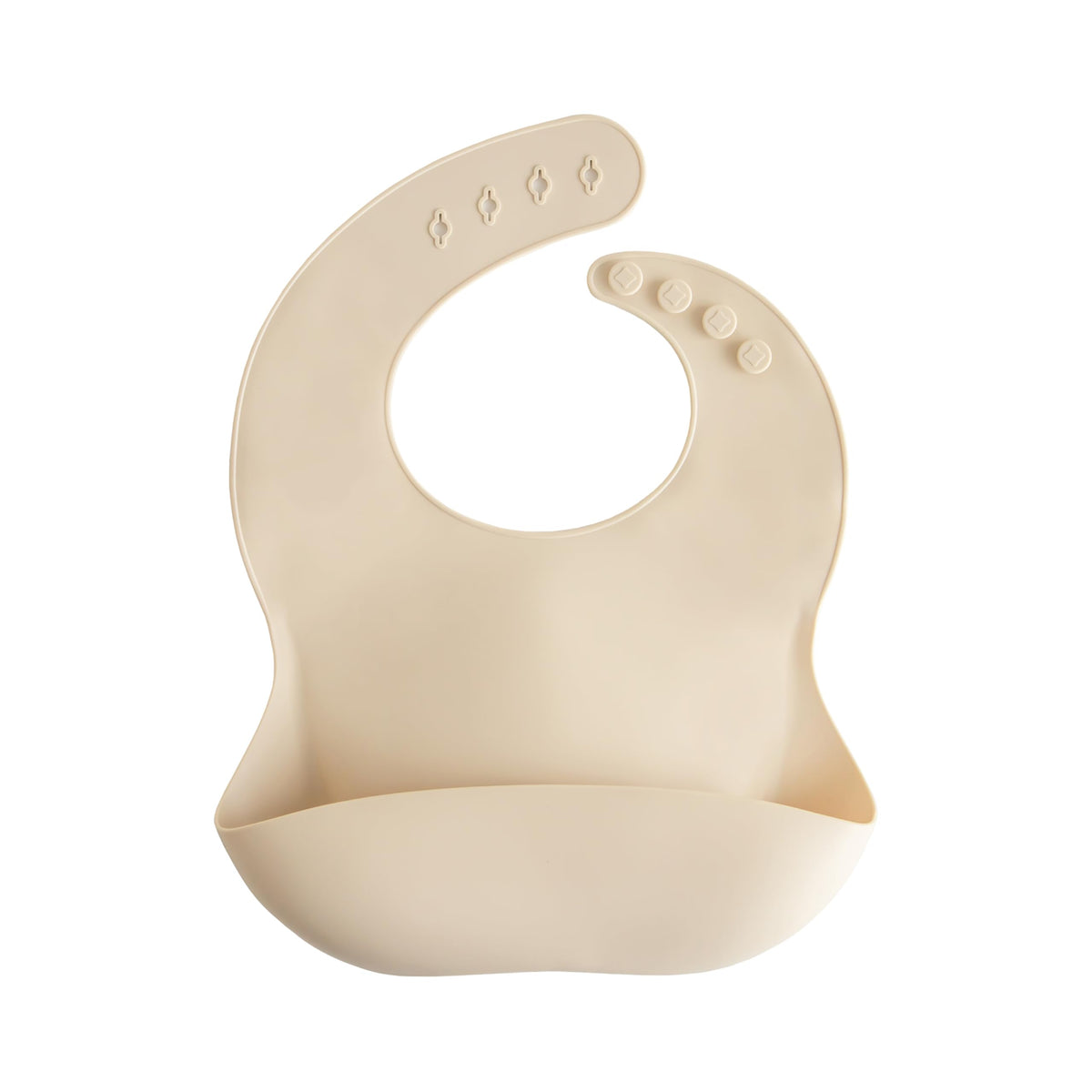 Mushie silicone bib with front pocket designed to catch crumbs during meals