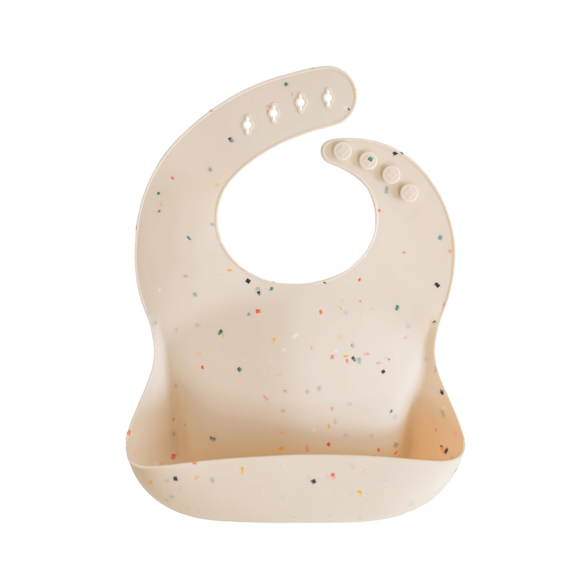 Mushie silicone bib Vanilla Confetti front view highlights adjustable fit and wipe-clean design.