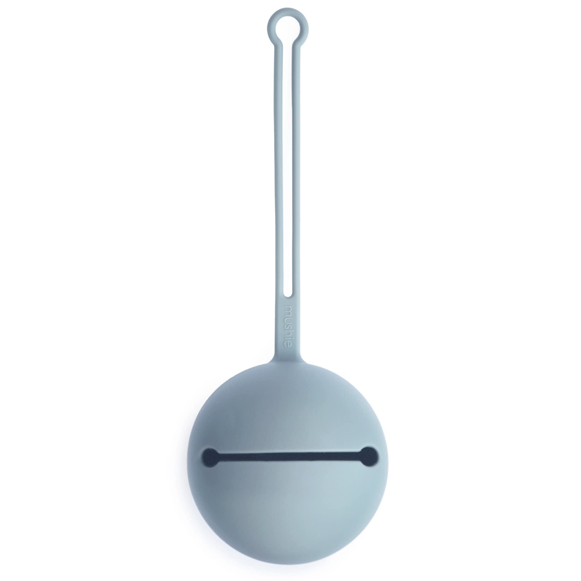 Mushie silicone pacifier holder case powder blue attached to stroller for easy access.