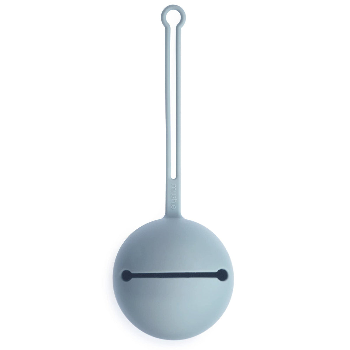 Mushie silicone pacifier holder case powder blue attached to stroller for easy access.
