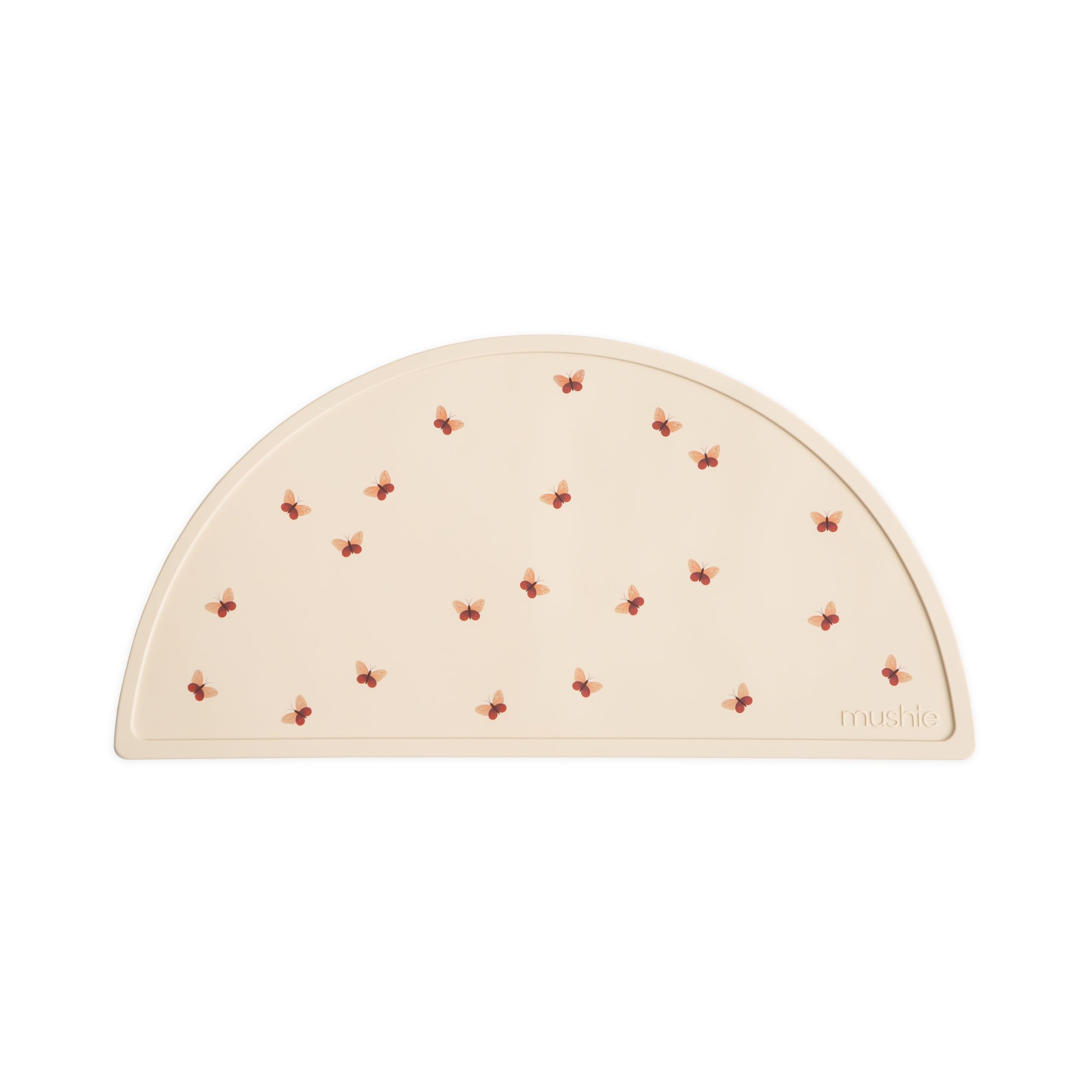 Mushie silicone placemat butterflies features a non-slip surface to keep meals tidy.