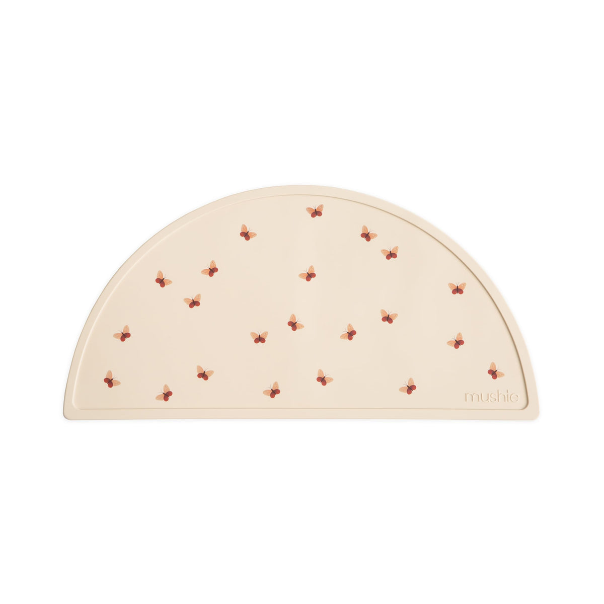 Mushie silicone placemat butterflies features a non-slip surface to keep meals tidy.