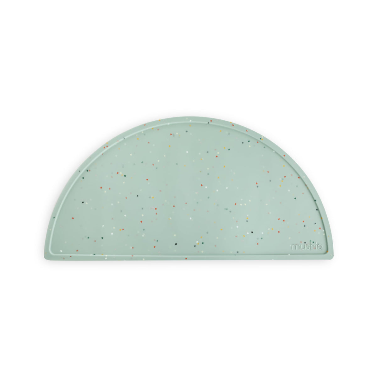 Mushie silicone placemat Cambridge Blue Confetti close-up shows non-slip design for tidy meals