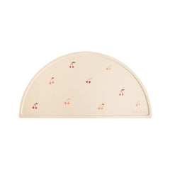 Mushie silicone placemat cherries hero shot highlighting non-slip surface for stable mealtime.
