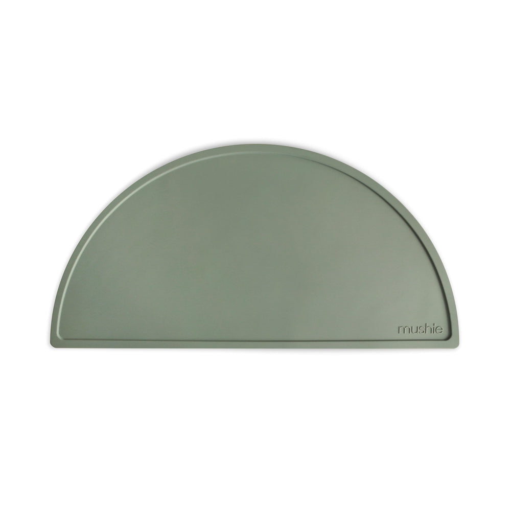 Mushie silicone placemat in dried thyme closeup shows non-slip surface for mess-free meals.