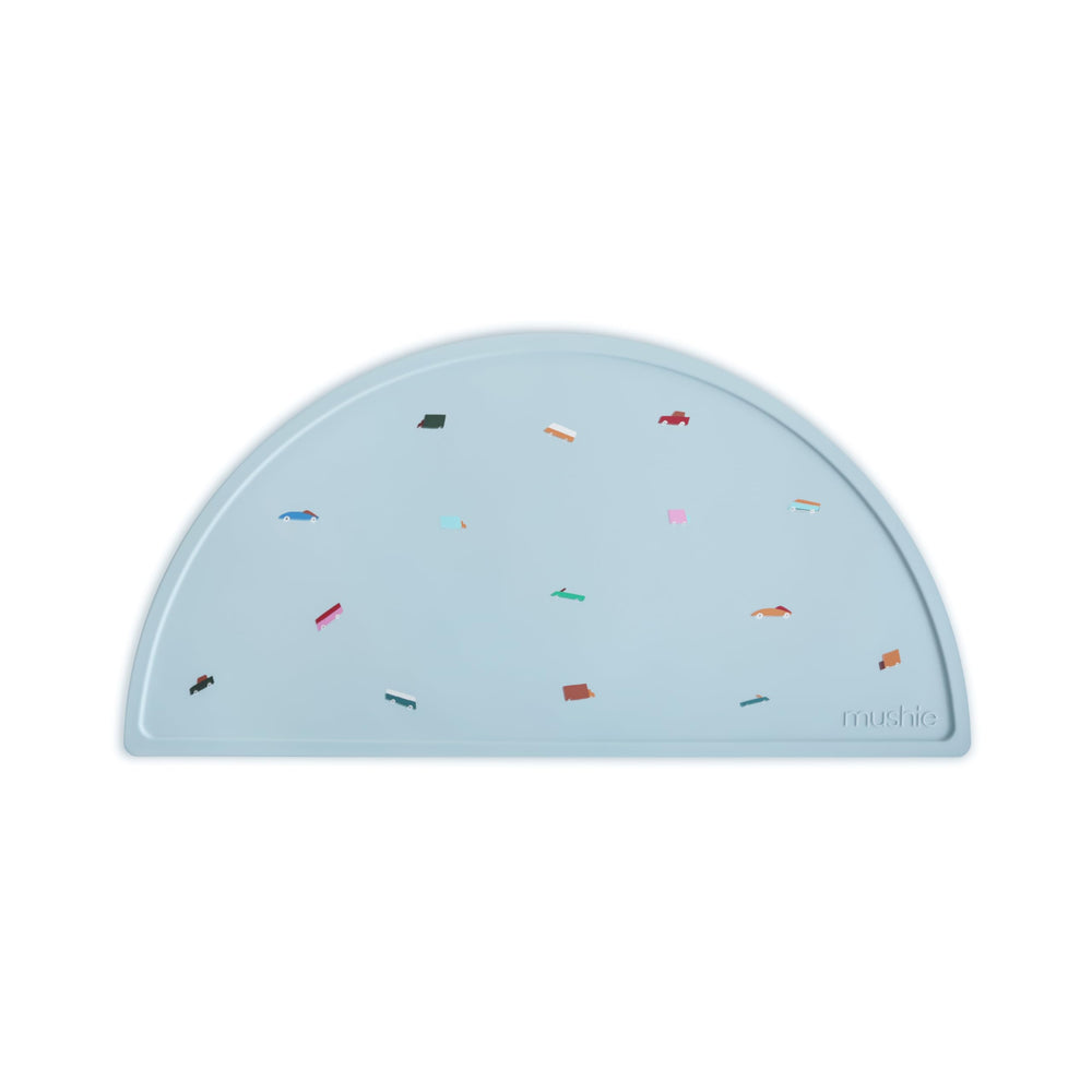 Mushie silicone placemat with retro cars pattern keeps meals in place for kids