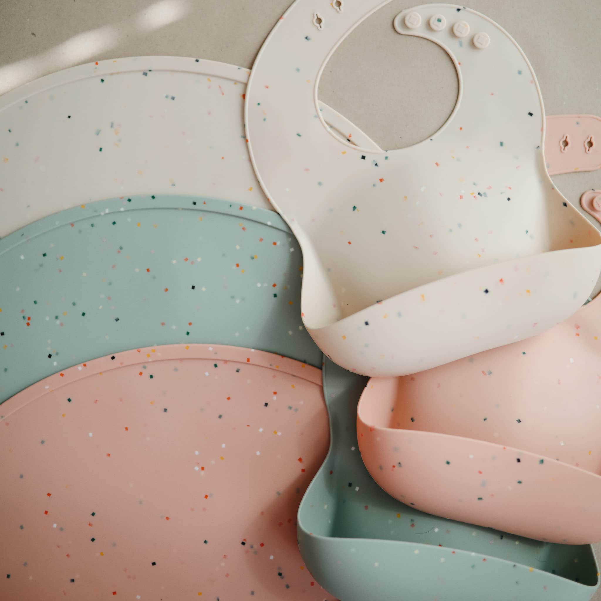 Mushie Vanilla Confetti pattern adds timeless style to mealtime setups