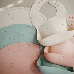 Mushie Vanilla Confetti pattern adds timeless style to mealtime setups
