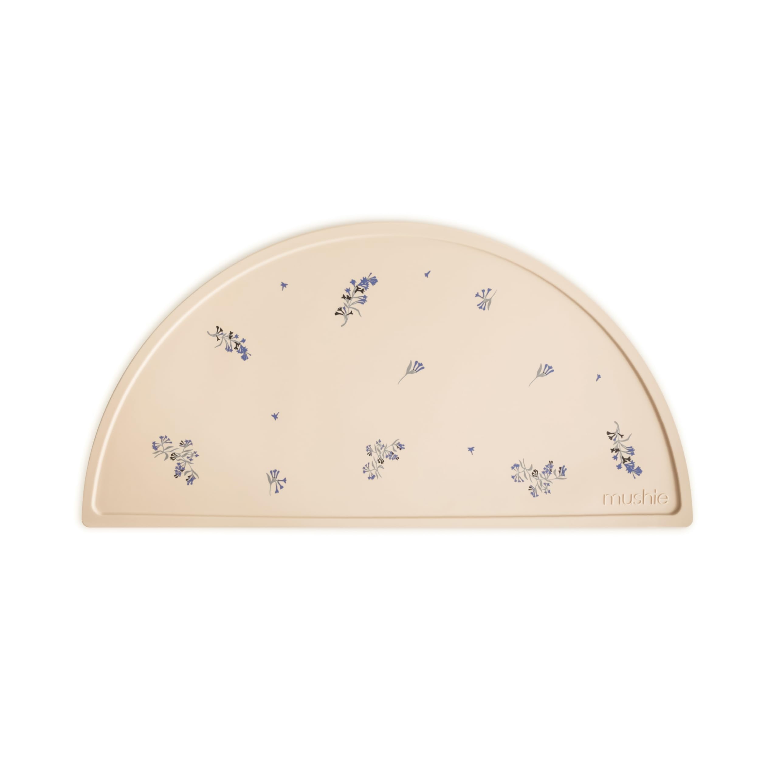 Mushie silicone placemat Lilac Flowers front view shows non-slip surface for mess-free meals.