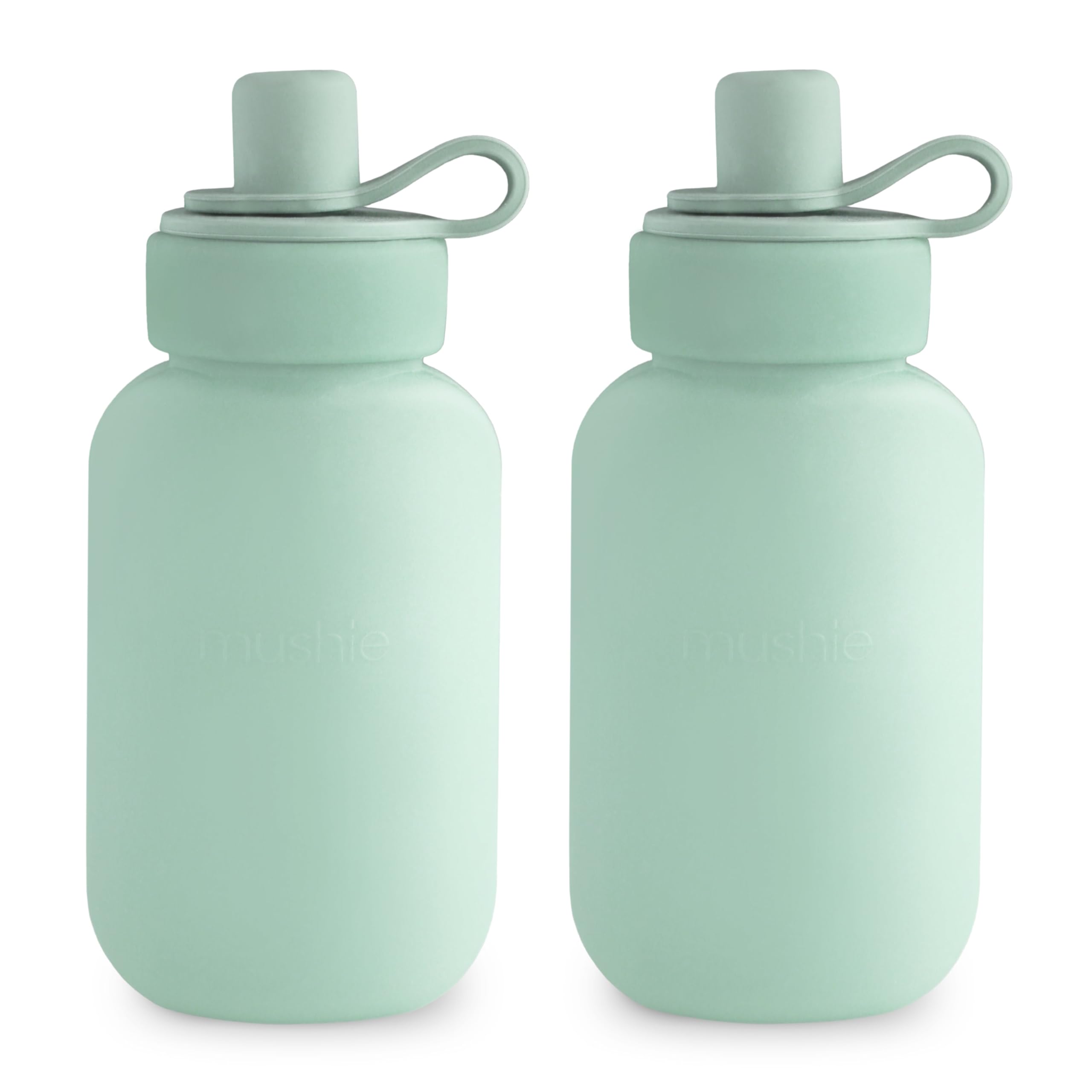 mushie silicone puree pouch 2-pack Cambridge Blue, reusable mess-free feeding for smoothies and purees.