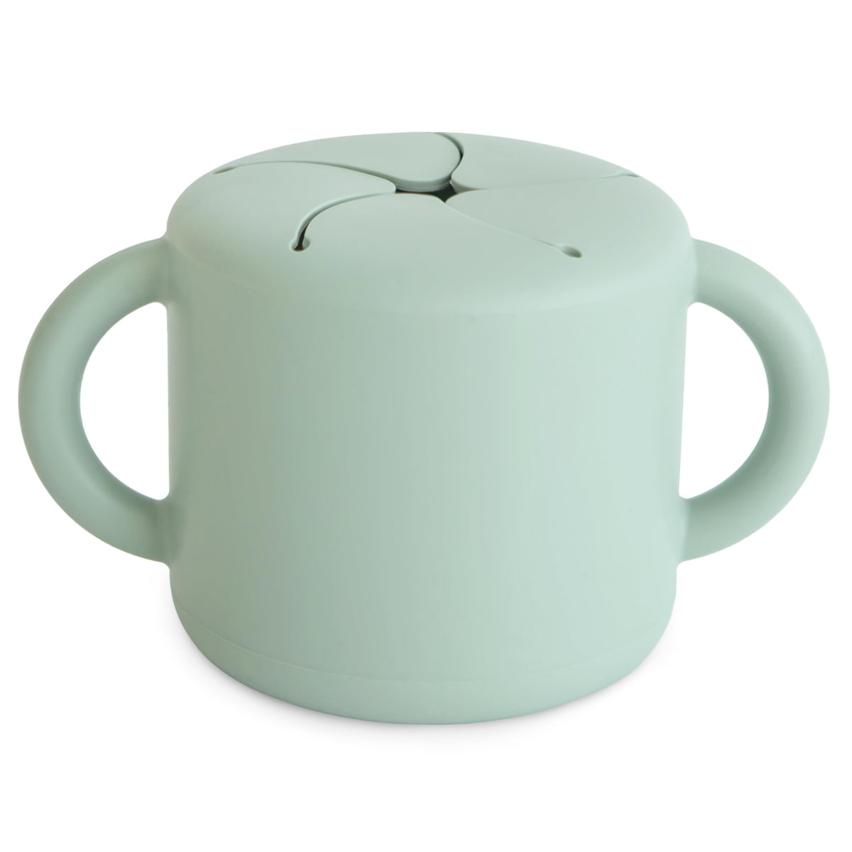 Mushie Silicone Snack Cup Cambridge Blue side view highlighting spill-proof design for busy toddlers.