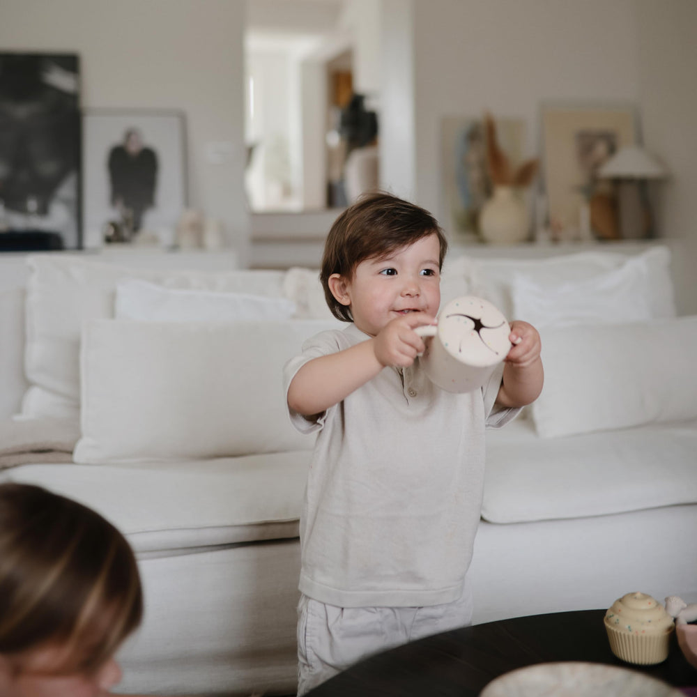 Mushie snack cup is dishwasher-safe for simple cleanup after meals.