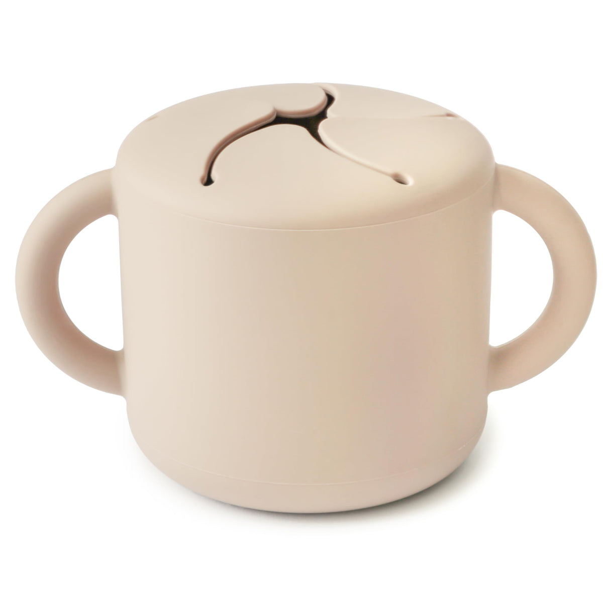Mushie silicone snack cup with two handles for easy grip during self-feeding