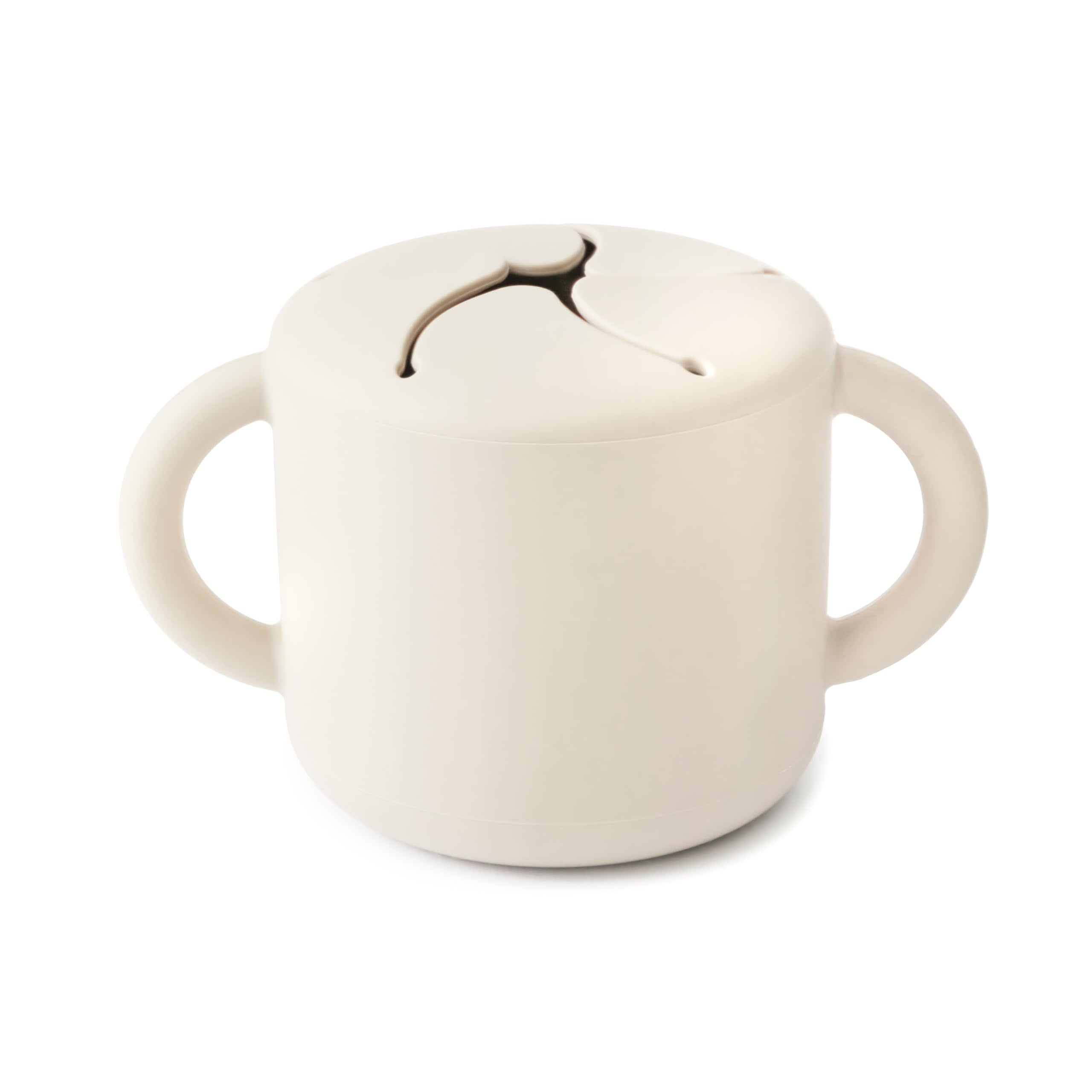 Mushie Silicone Snack Cup Ivory with two handles for easy toddler gripping during meals.