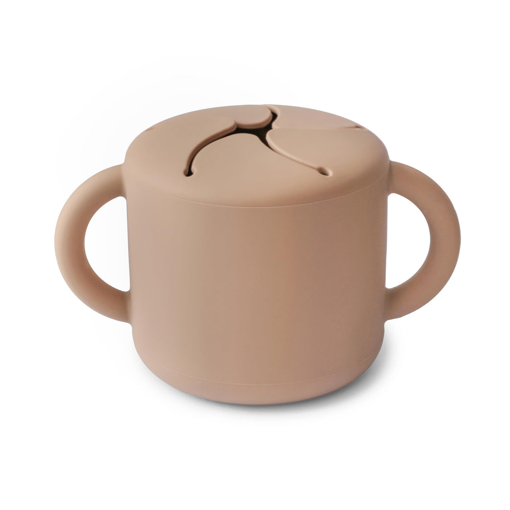 Mushie silicone snack cup natural front view with easy-grip handles for toddlers