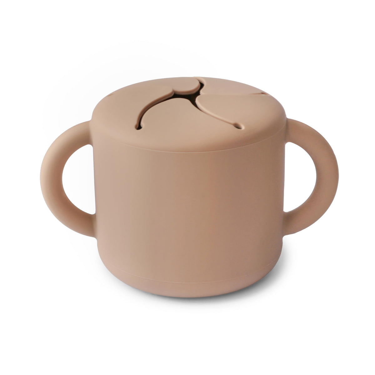 Mushie silicone snack cup natural front view with easy-grip handles for toddlers