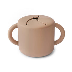 Mushie silicone snack cup natural front view with easy-grip handles for toddlers