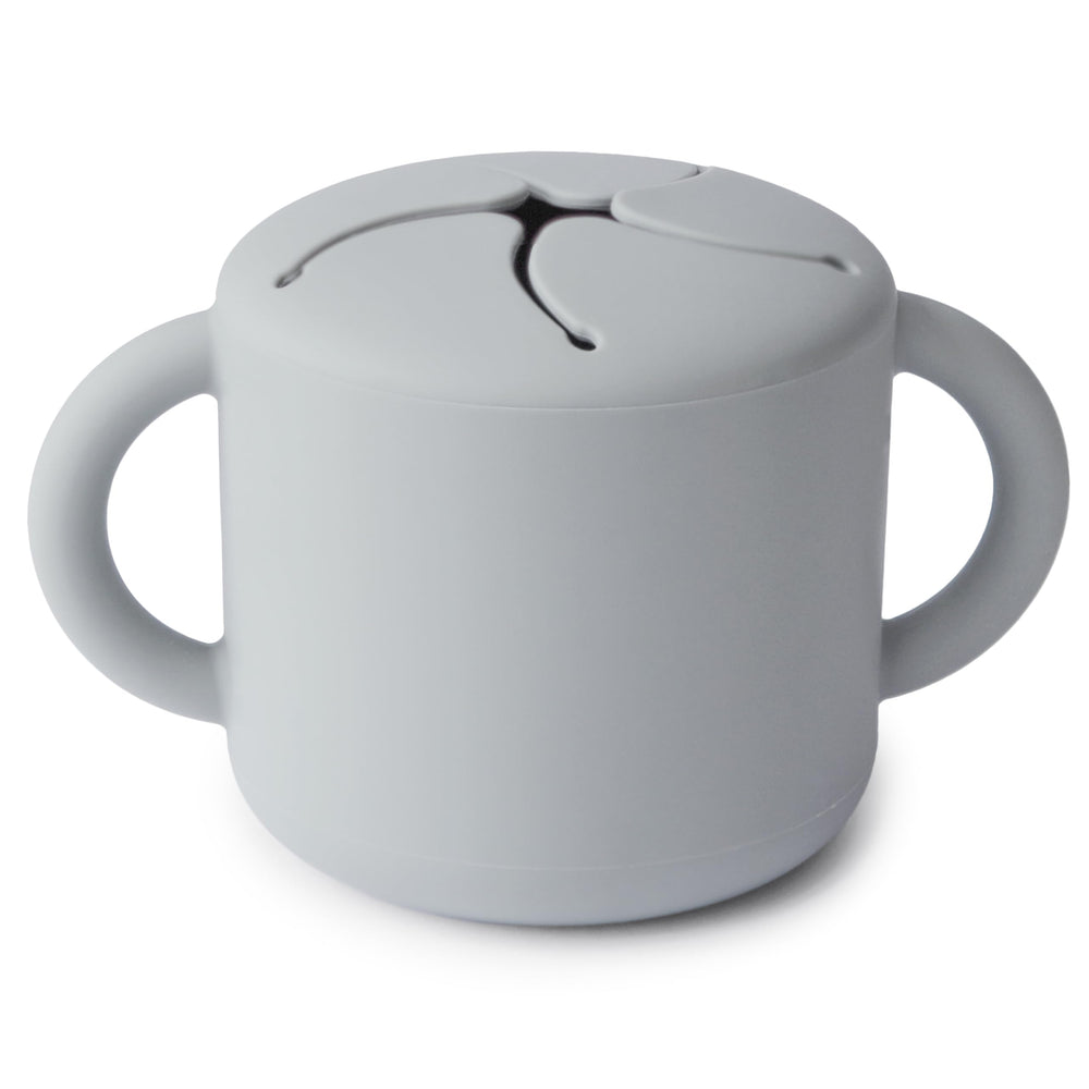 Mushie Silicone Snack Cup Stone side view highlights easy-grip dual handles for toddlers