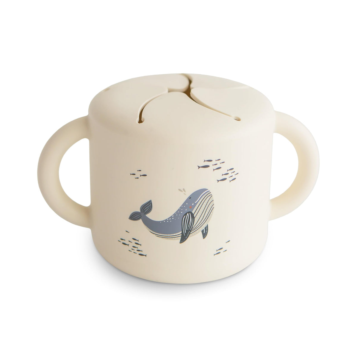 Mushie silicone snack cup whales front view showing two handles for easy grip on the go.