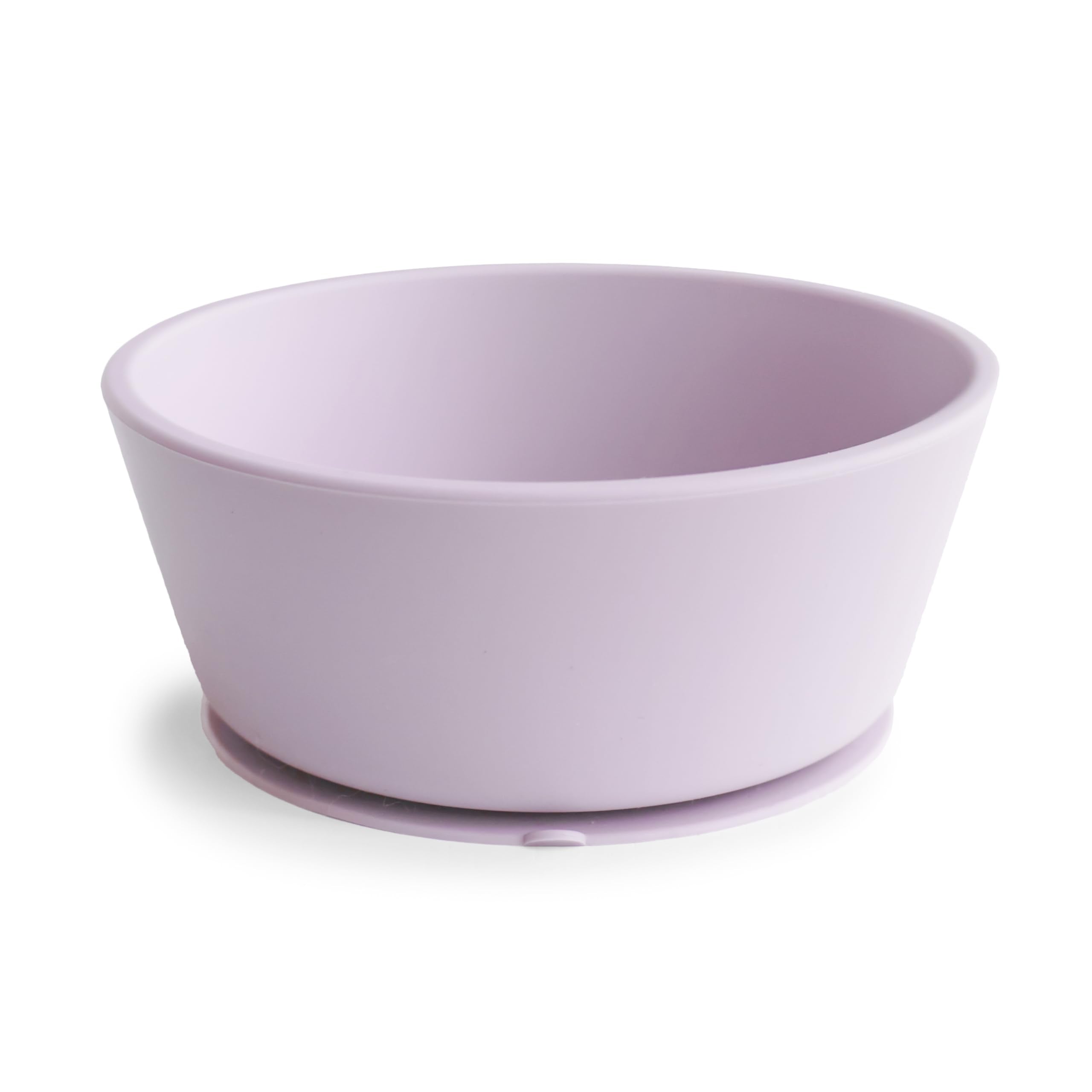 mushie silicone suction bowl soft lilac with secure suction prevents spills during self-feeding.