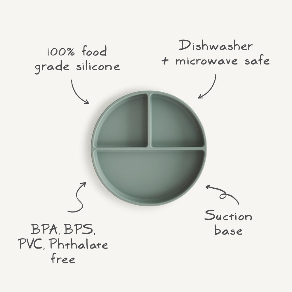Mushie silicone suction plate ivory heat safe features allow warm meal service.