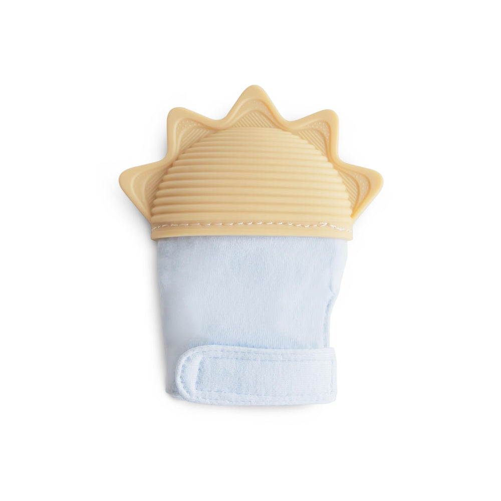 Mushie silicone teething mitten closeup showing textured silicone for soothing gums