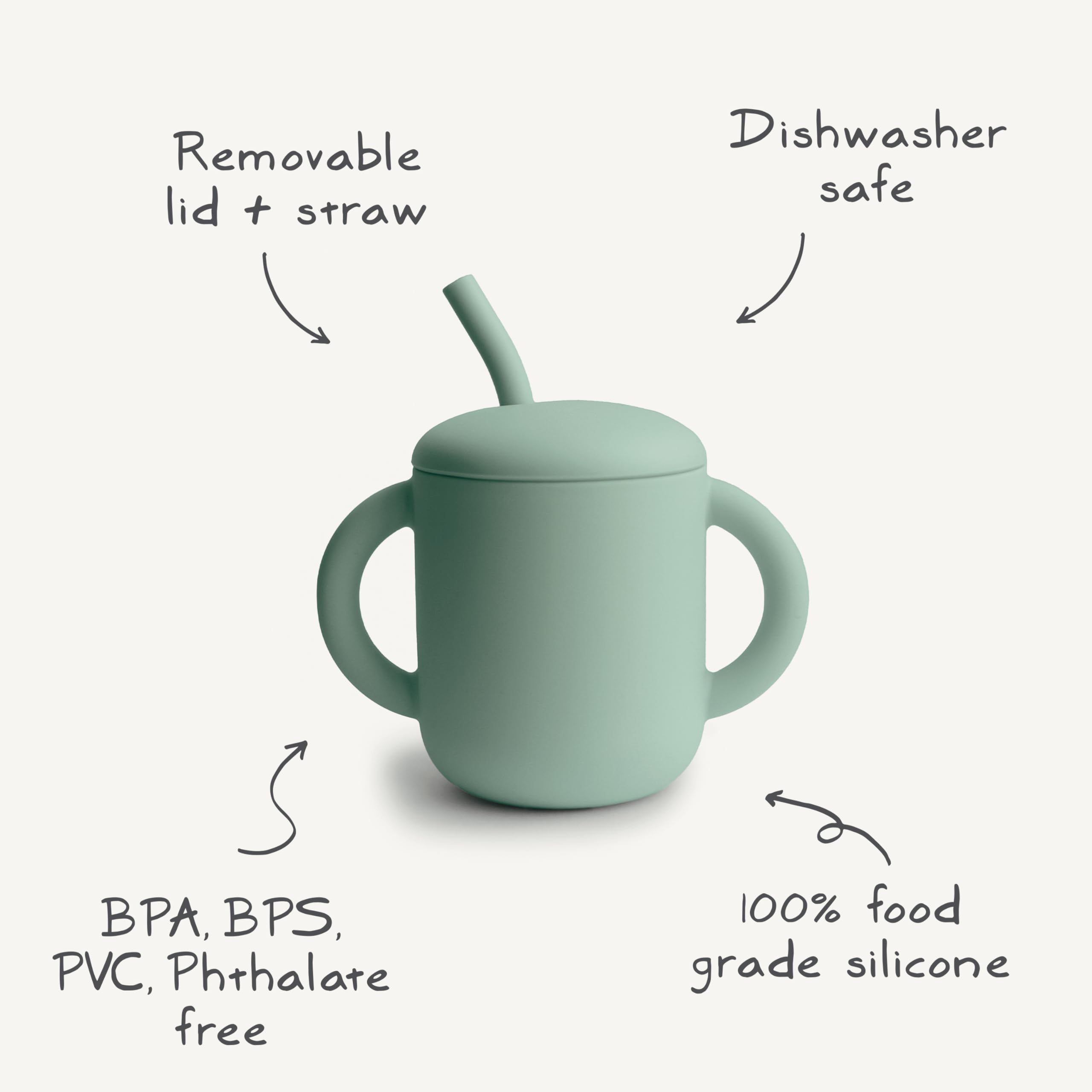 Mushie silicone training cup straw close-up highlights gentle straw for tender gums during transitions.