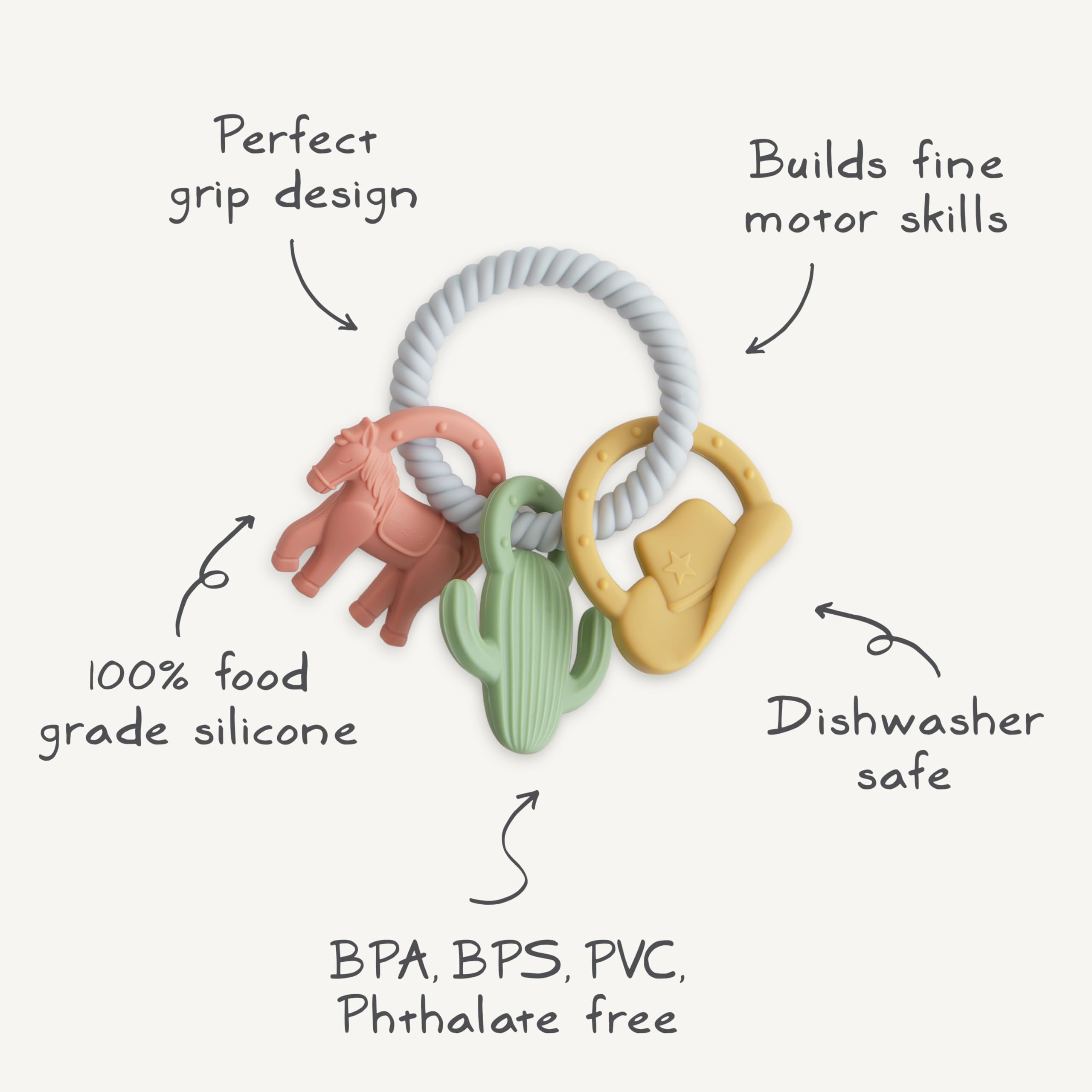 Mushie silicone western teething ring texture demonstrates sensory stimulation for early exploration