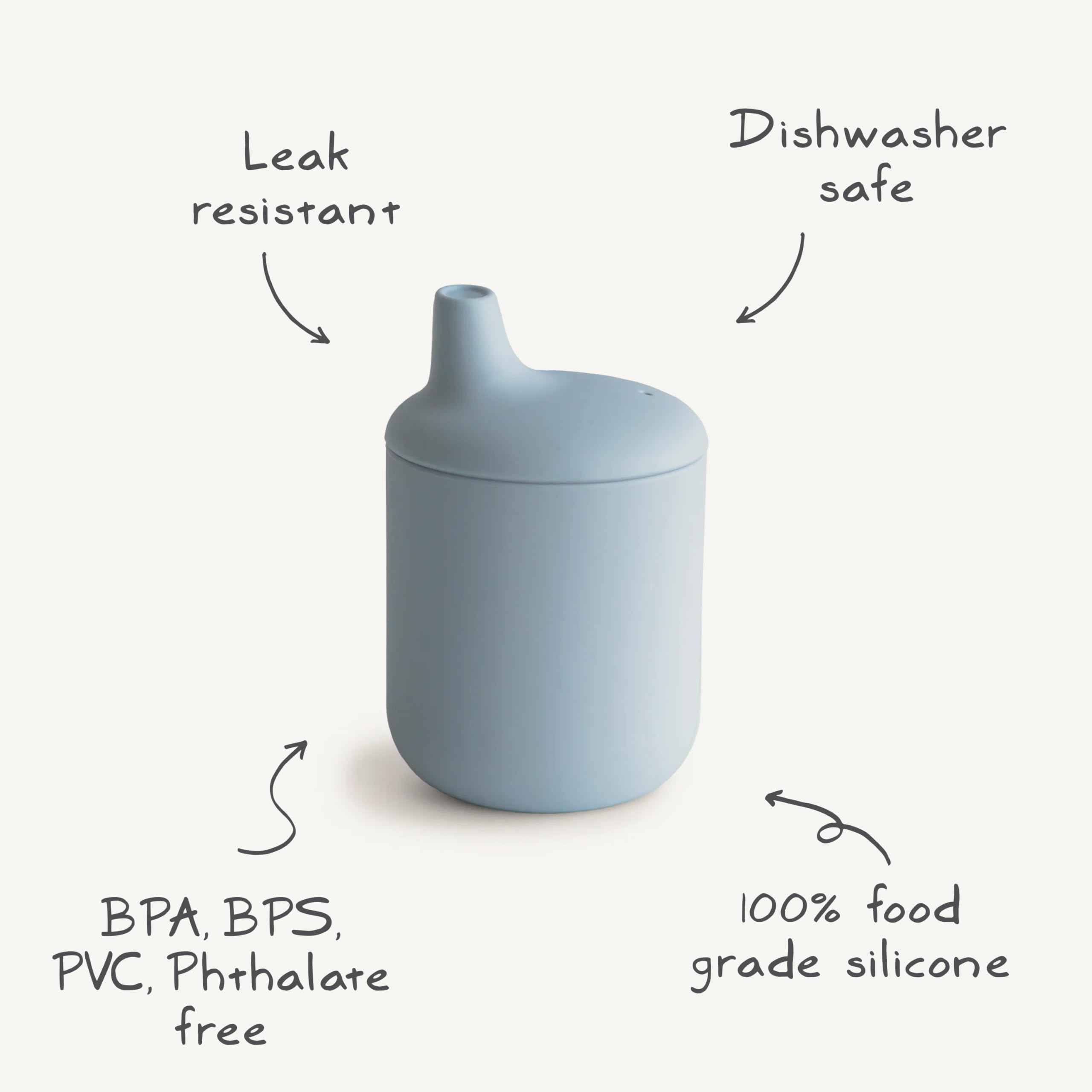 Mushie sippy cup's soft silicone reduces gum discomfort during drinking.