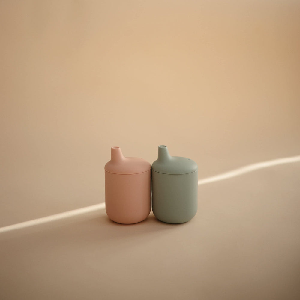 Mushie sippy cup Cambridge Blue lid shows leak-resistant design for travel.