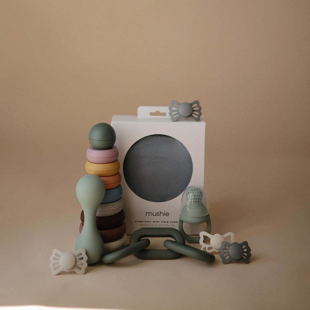 Mushie soft silicone texture ideal for mouthing and teething.