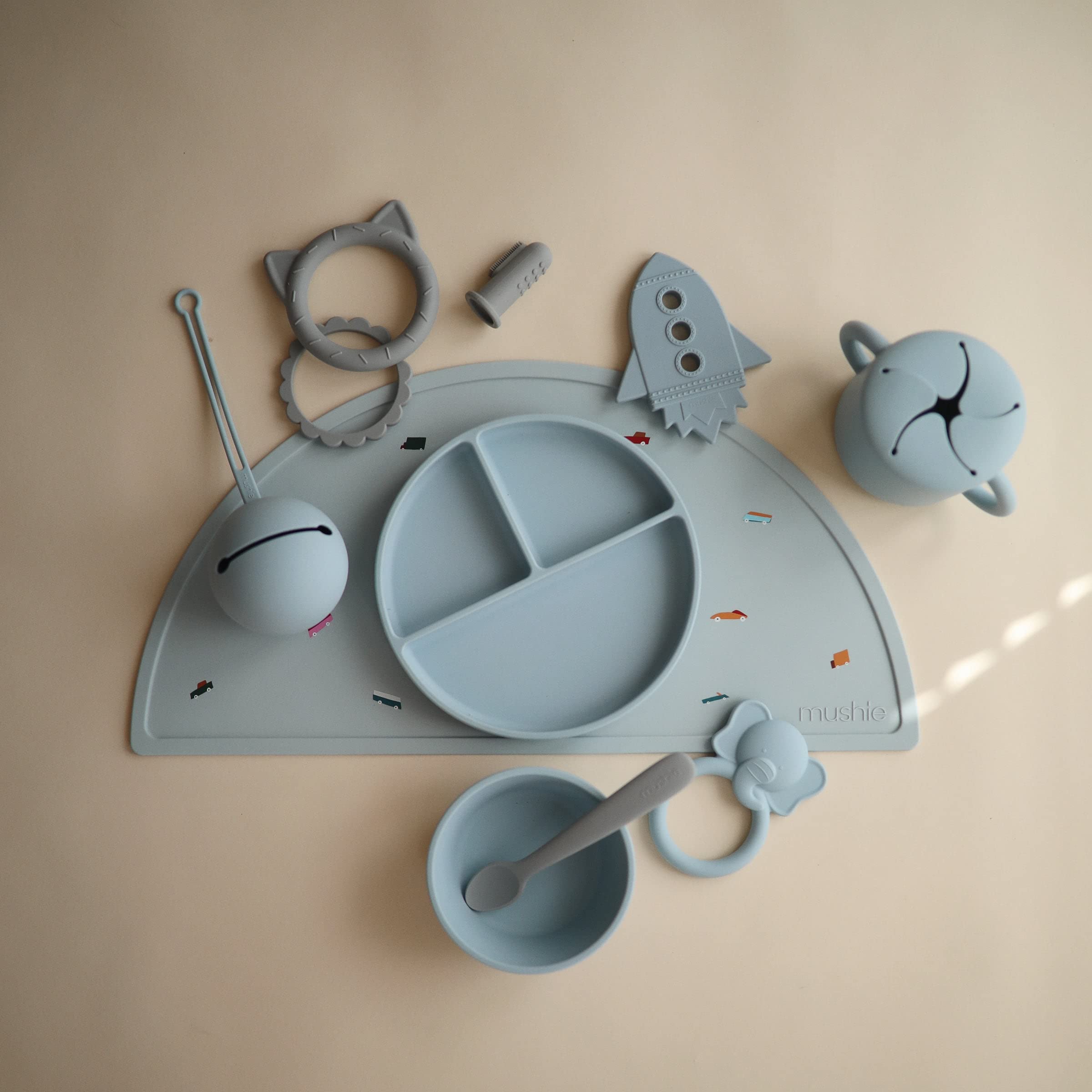 Mushie teether BPA-free material promotes safe chewing choices.