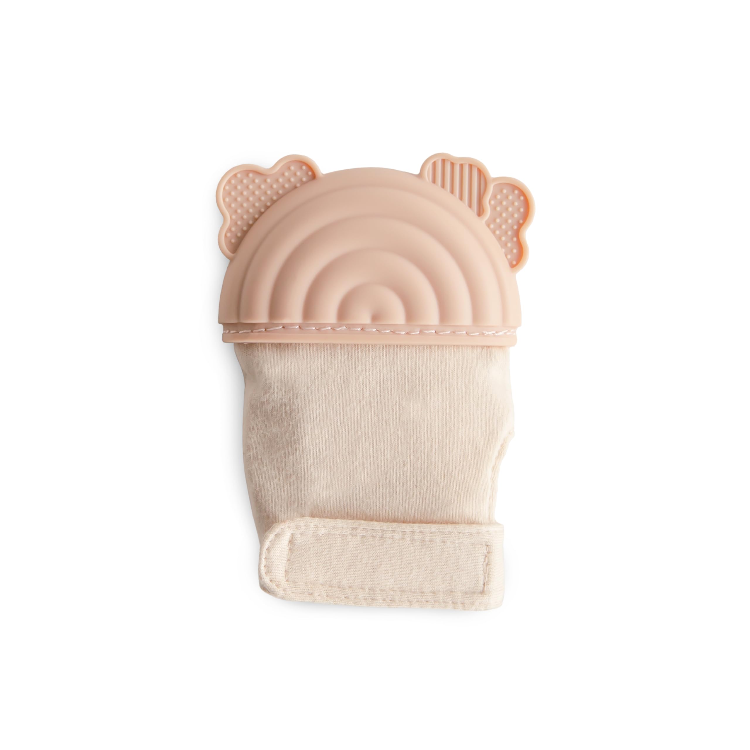 Mushie teething mitten rainbow front shows soothing silicone textures for gentle gum relief.