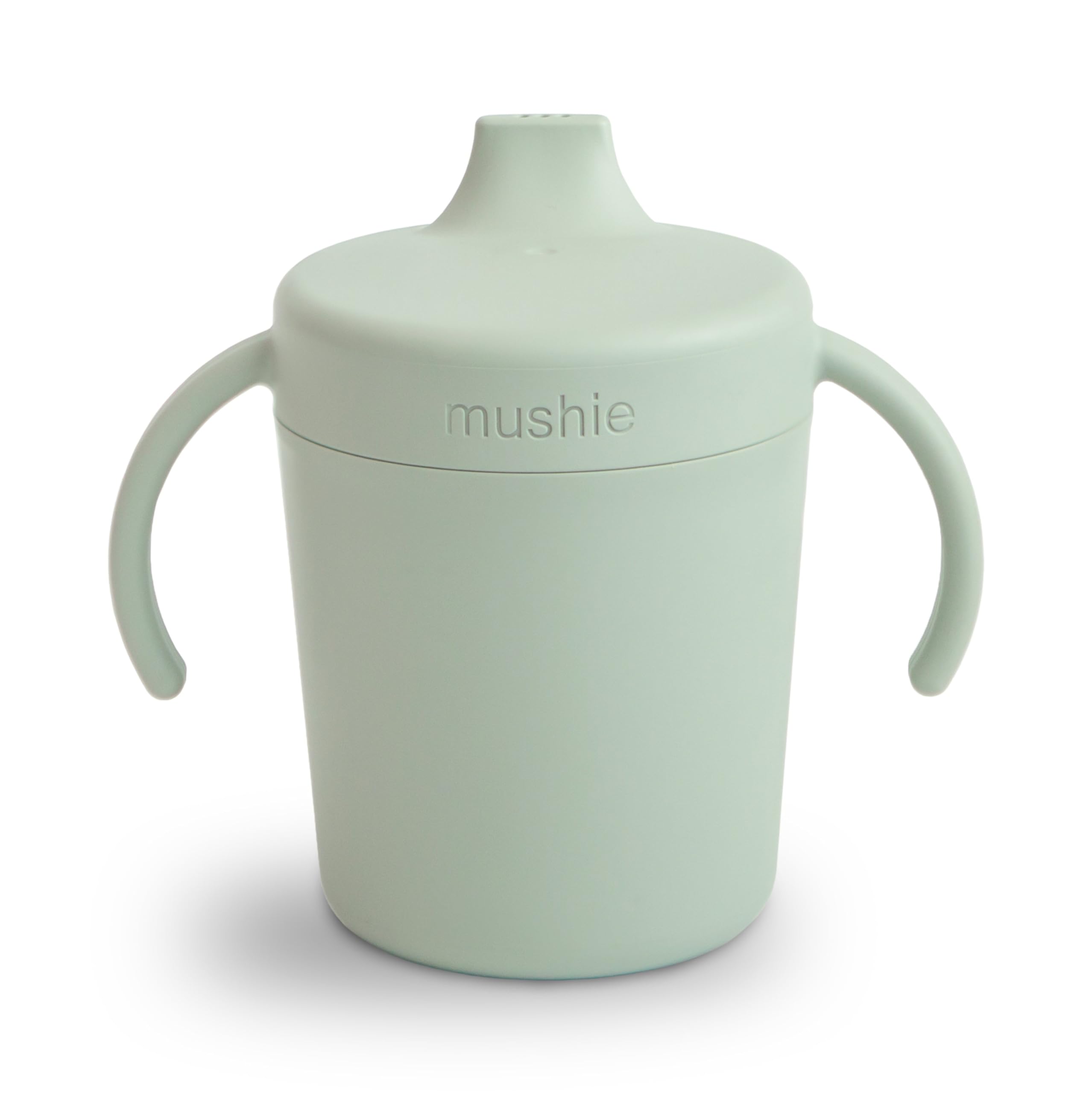 Mushie Trainer Sippy Cup sage with twist lid showing leak-resistant design for on-the-go hydration