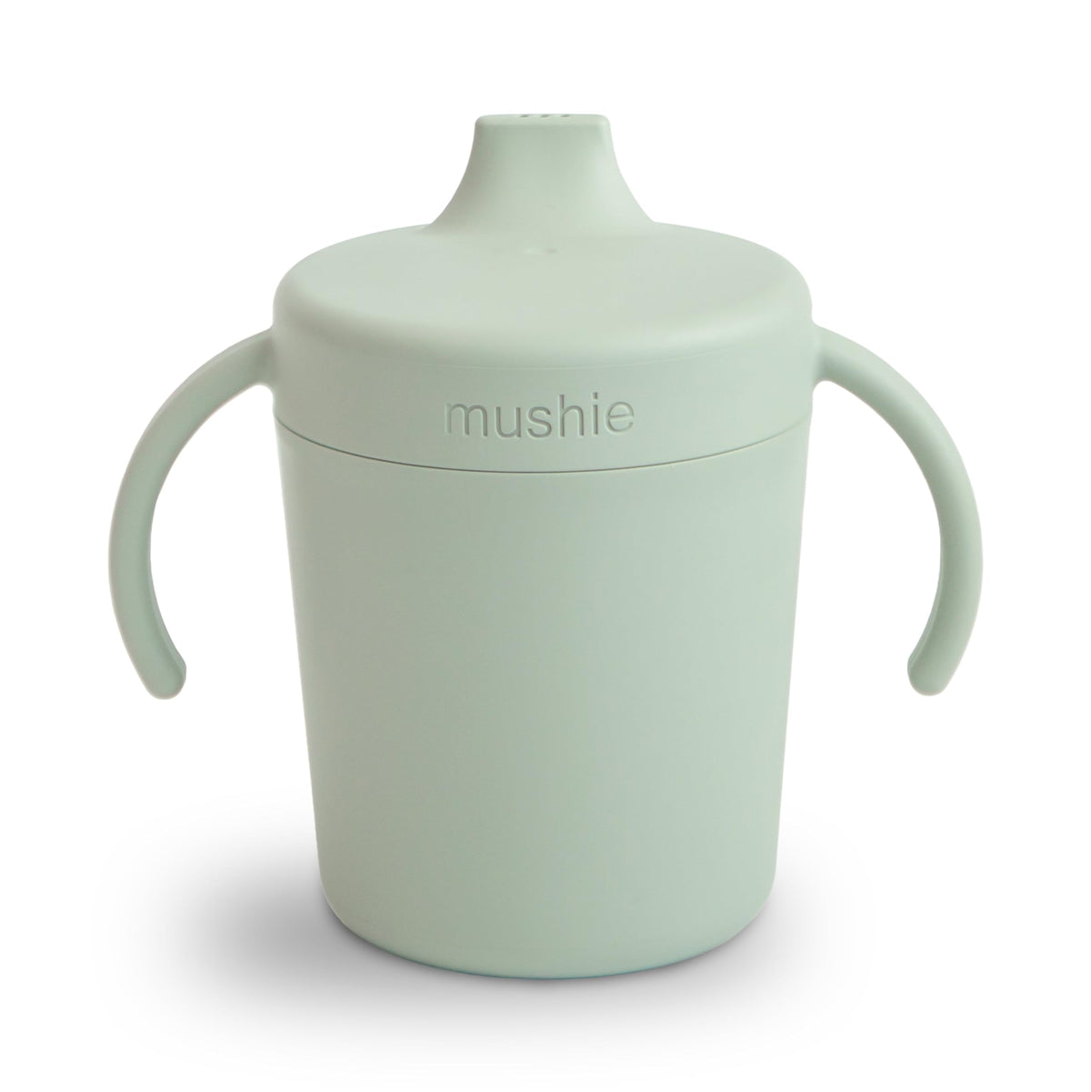 Mushie Trainer Sippy Cup sage with twist lid showing leak-resistant design for on-the-go hydration