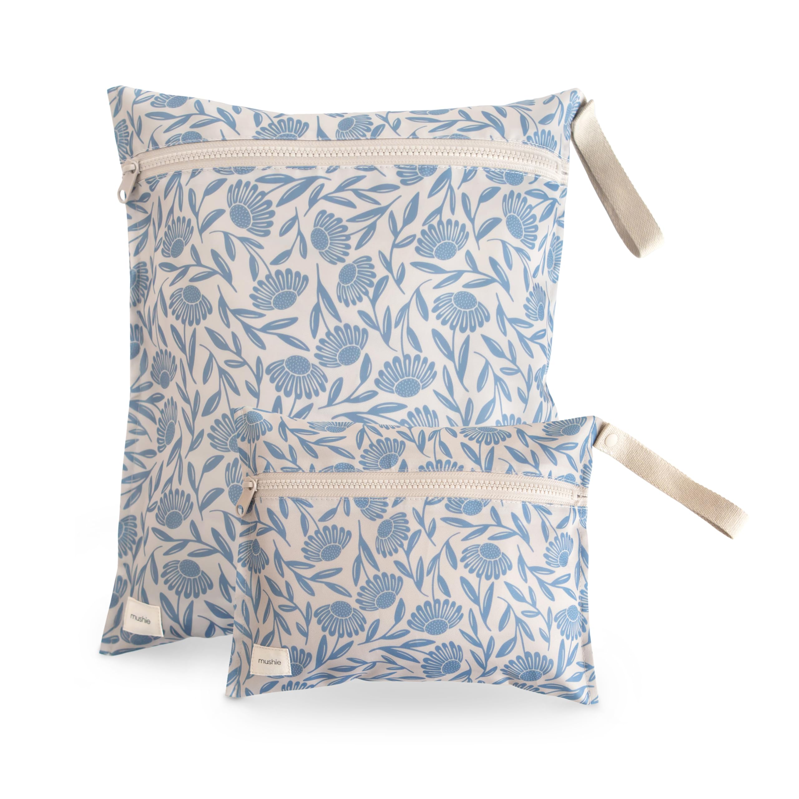 Mushie water resistant wet bags set of 2 with blue flowers for travel mess containment